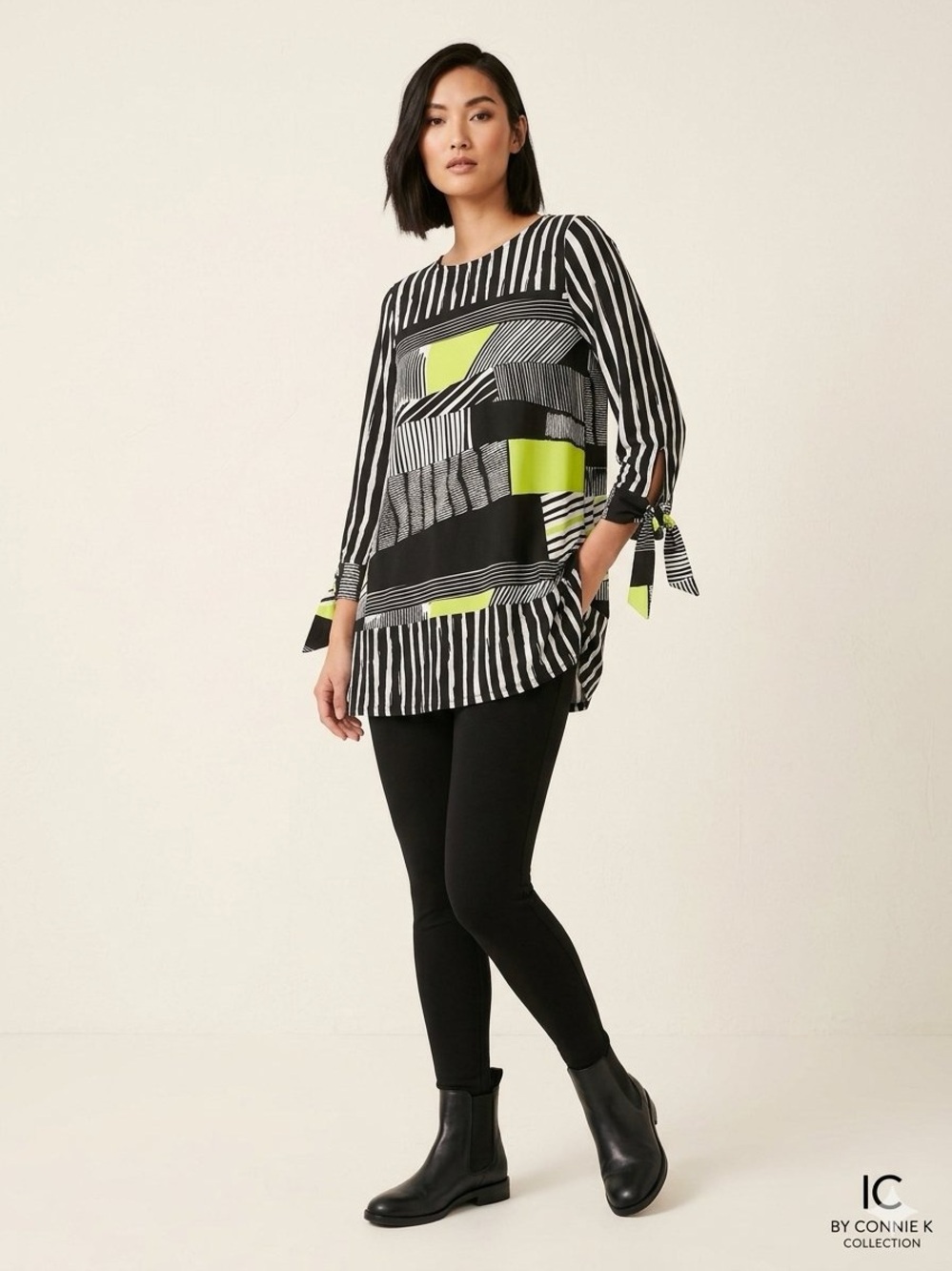 IC by Connie K Abstract Print Tunic Top Size XL Yellow Green Black pockets Artsy